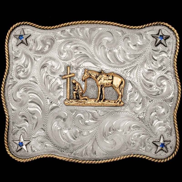 This unique buckle beautifully blends cowboy culture with a touch of spiritual charm. Make a statement of faith and style. Order yours today!